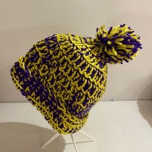 Yellow and Purple Pom-Pom Crochet Toboggan (OY)